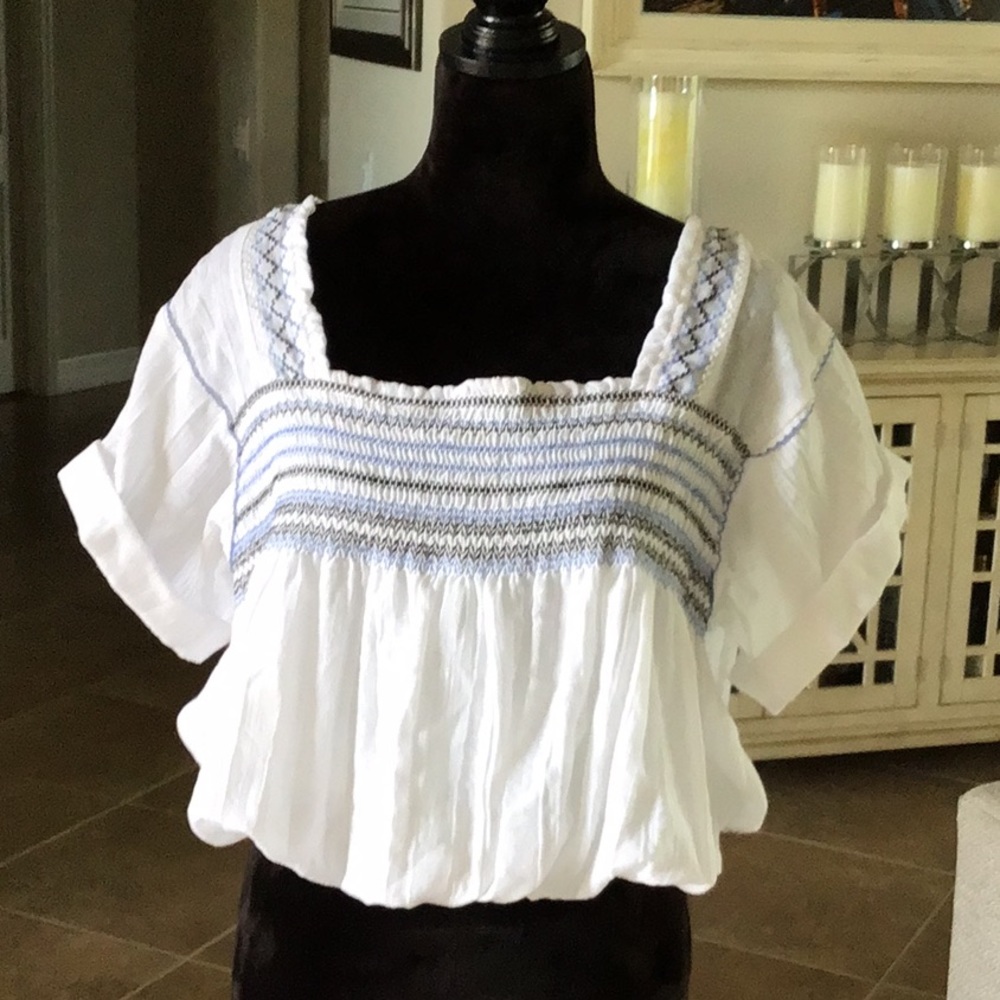 Free People White Smocked Square Neck Peasant Top with Light Blue Trim